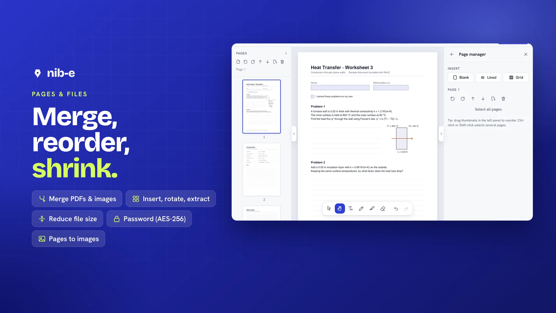 Merge, reorder and shrink: the page manager with thumbnails.