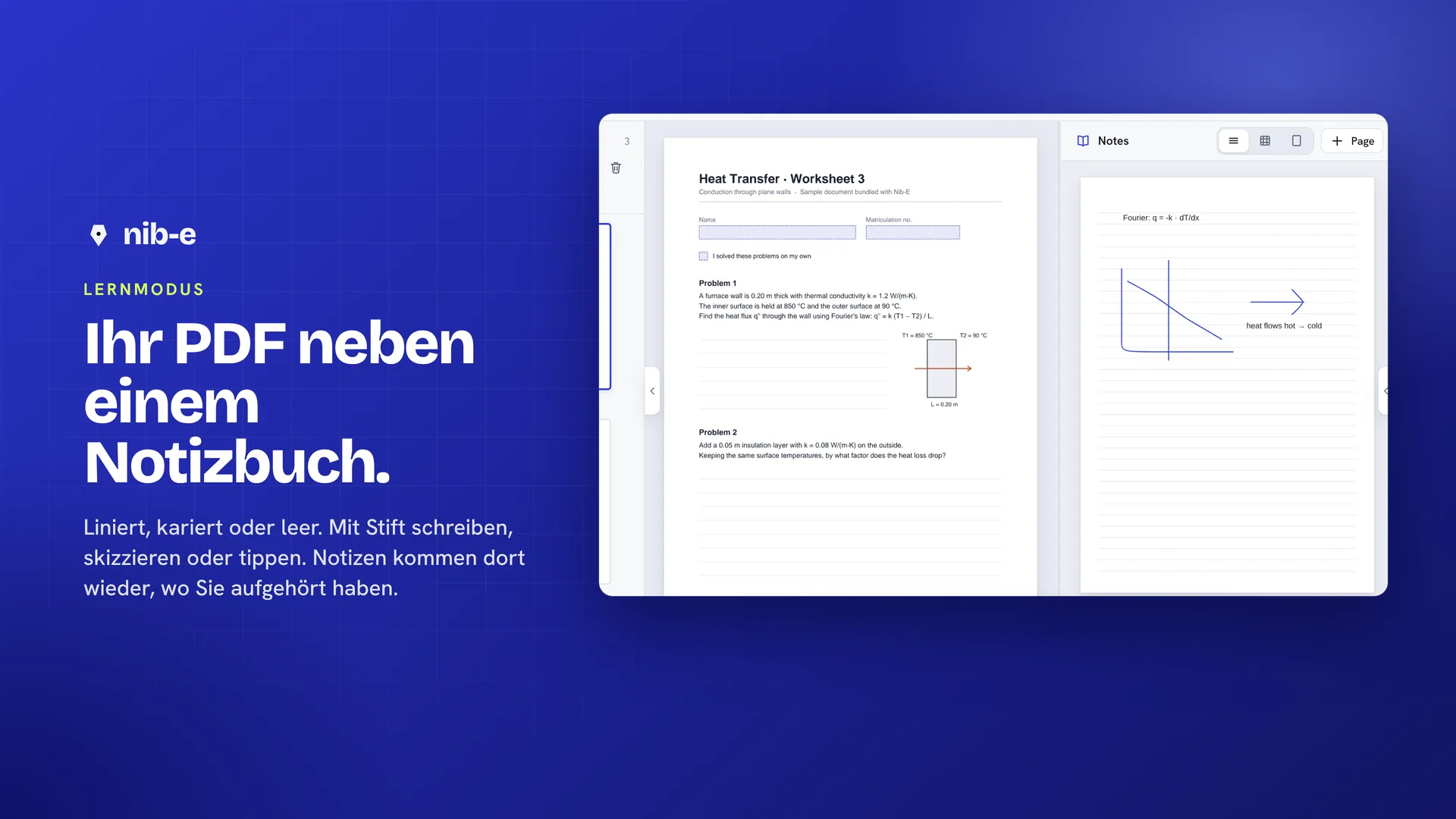 Lernmodus: ein Arbeitsblatt neben einem Notizbuch mit Skizze und getippten Notizen.
