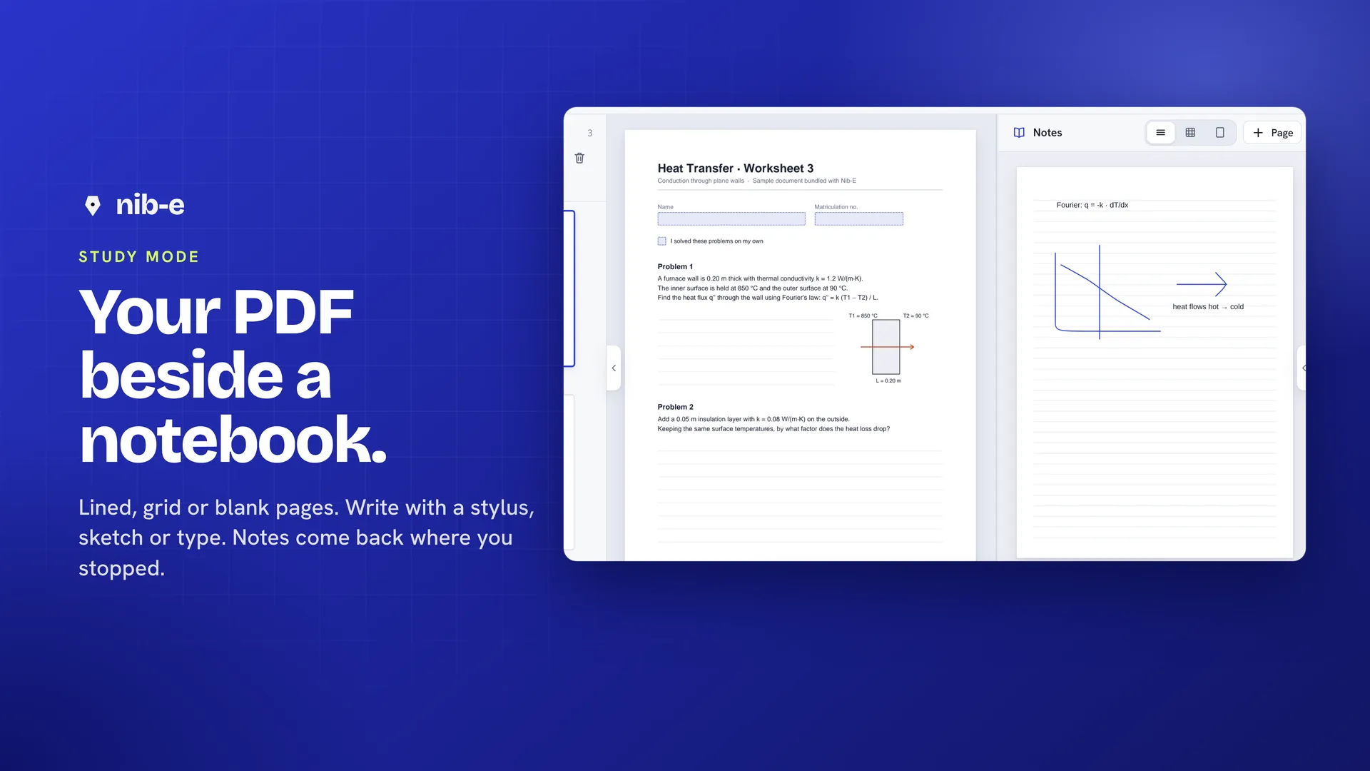 Study mode: a worksheet beside a notebook with a sketch and typed notes.