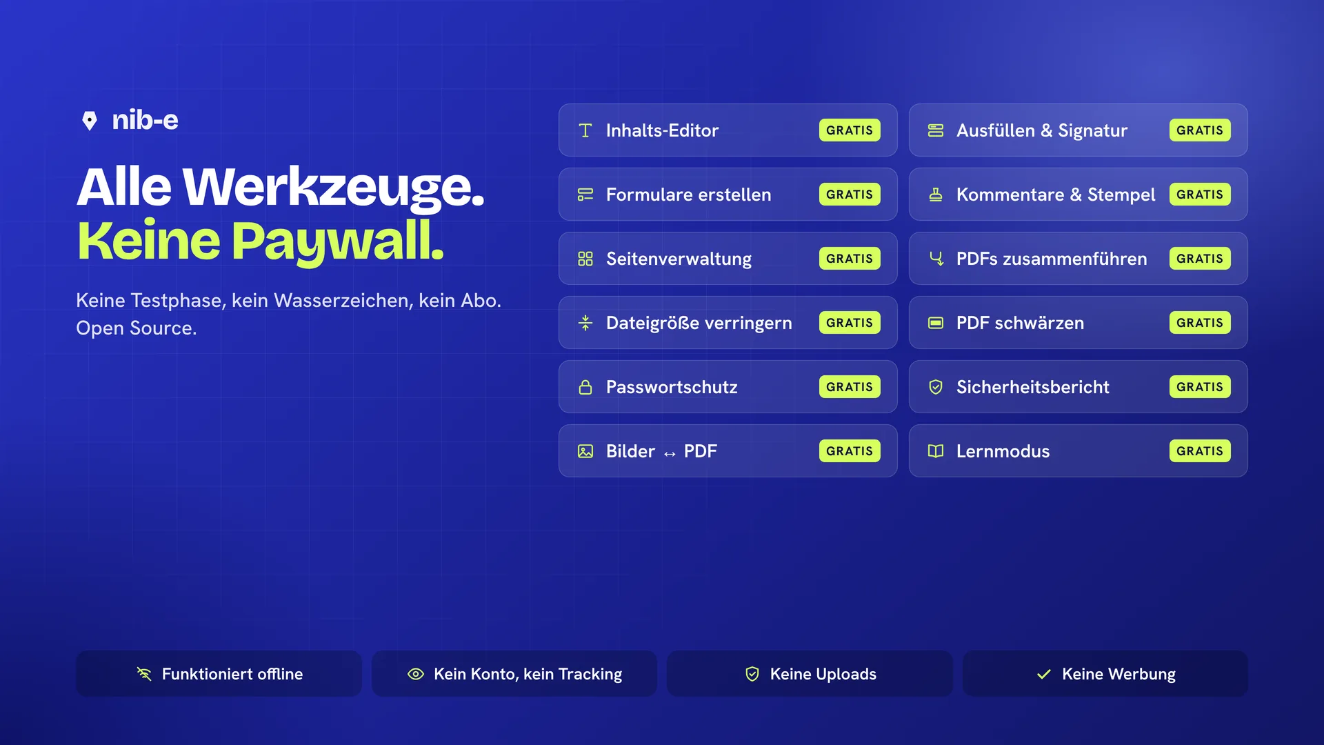 Alle Werkzeuge gratis: zwölf Werkzeuge, jedes als gratis markiert. Offline, kein Konto, keine Uploads, keine Werbung.