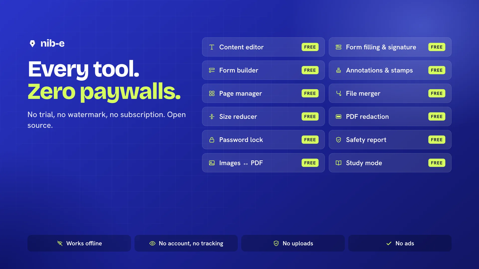 Every tool free: twelve tools, each marked free. Works offline, no account, no uploads, no ads.